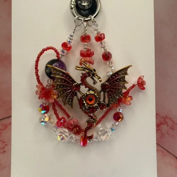 Dragon Red Crystal Beaded Fantasy Phone Wristlet Charm Keychain Premium