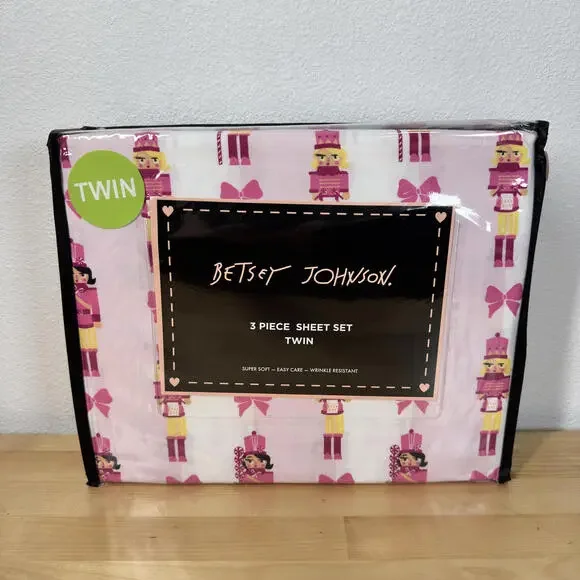 Betsey Johnson Christmas 3 Piece Twin‎ Sheet Set Pink Bows Nutcrackers Holiday