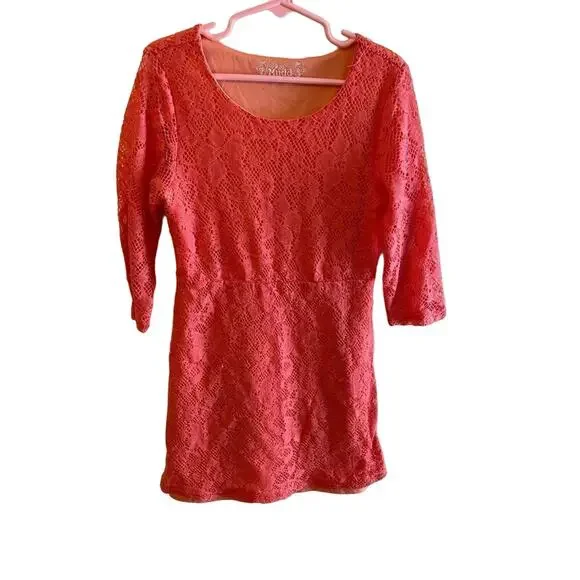 Mudd Coral Colored Lace 3/4 Sleeve Round Neck Lined Girl's Dress Size 8