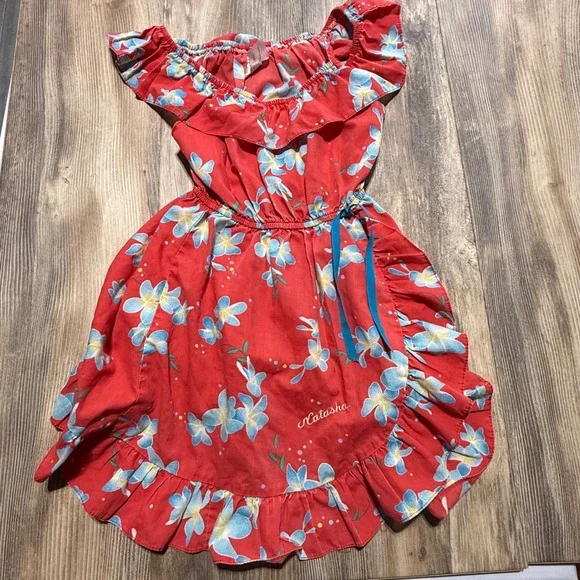 Vintage Malumi Hawaii Kids Red Floral Tropical Ruffle Dress Vintage 80s 90s