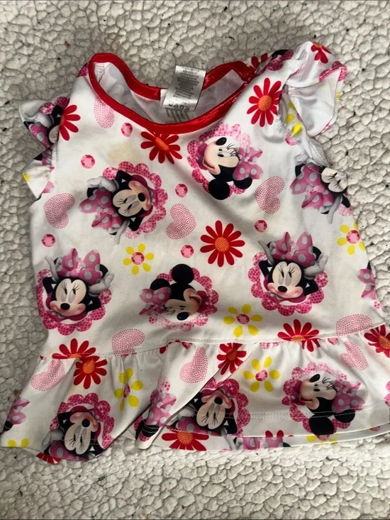 Kids Size 2T Disney Minnie Mouse White Top with Pink and Red Floral Print