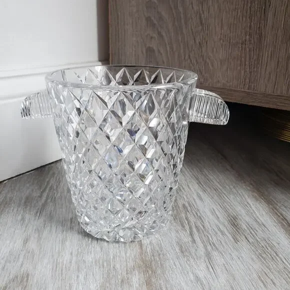 Vintage Crystal Ice Bucket with Handles Glass Diamond Cut