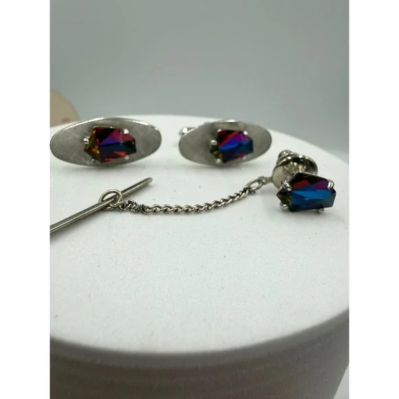 Vtg Silver Tone Iridescent‎ Rhinestone Cufflinks and Tie Tack Set Mens Jewelry
