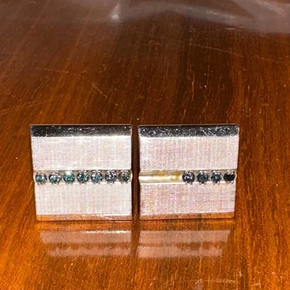 Vtg Mid‎ Century SWANK Square Silver  Tone Cufflinks with Dark Navy Rhinestones