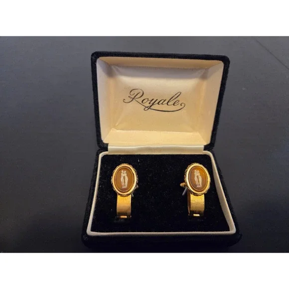 Royale Vintage Gold Tone Cameo Cufflinks Oval Couple Portrait Jewelry with Box