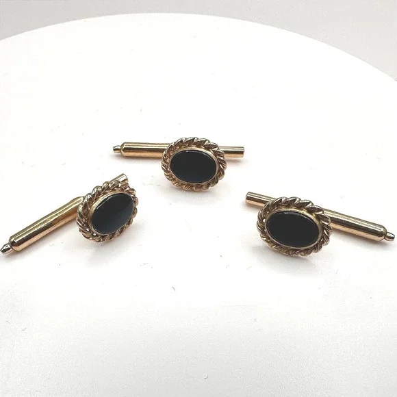 Vintage‎ 90s Gold Tone Twisted Rope Edge Black Onyx Cufflinks Set Jewelry
