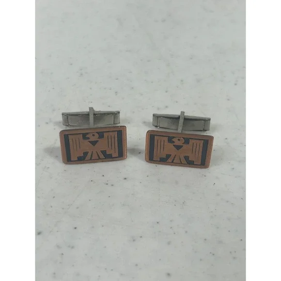 Vintage Thunderbird Copper Tone‎ Rectangular Cufflinks Black Etched Eagle Motif
