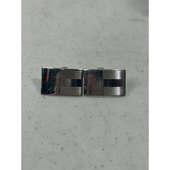 Vintage Silver Tone Rectangular Striped Cufflinks Mid Century Modern Formal Mens