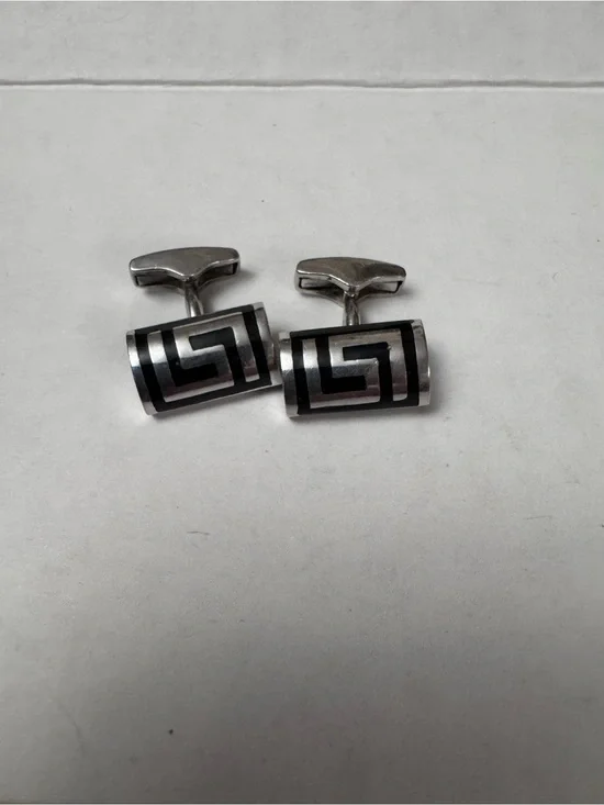 Vintage 925 Sterling Silver Greek Key Meander Cufflinks – Black Enamel