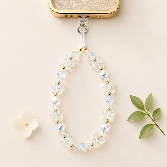 Beaded hand-held lanyard chain, phone wrist strap white butterfly