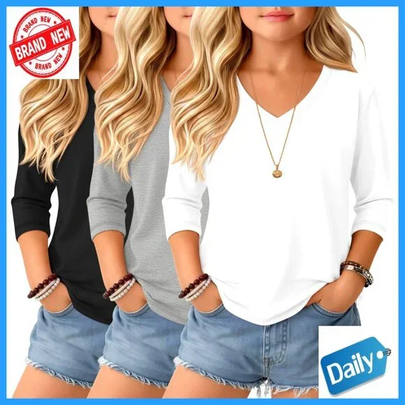 Girl's 3-Pack 3/4 Sleeve V-Neck Tees Loose Fit Lightweight Summer Tops