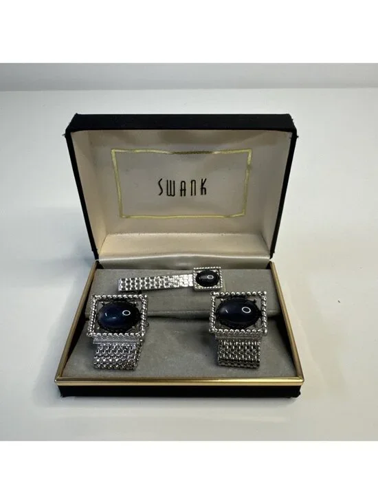 Vintage Swank Blue/Grey Stone Mesh Wrap Cufflinks & Tie Clip Original Box