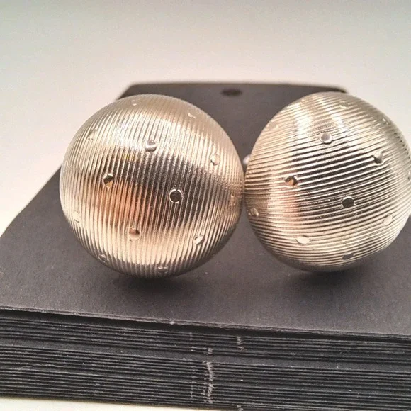 Vintage Silver Tone Textured Dome Clip On Earrings Studded Orb Button Retro