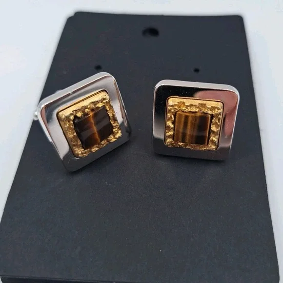 Vintage Anson Tiger's Eye Yellow Gold Plated Cuff Links