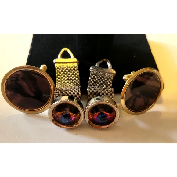 Lot of 2 Pair Vintage Estate Cufflinks Gold‎ Tone Purple Gemstone Jewelry