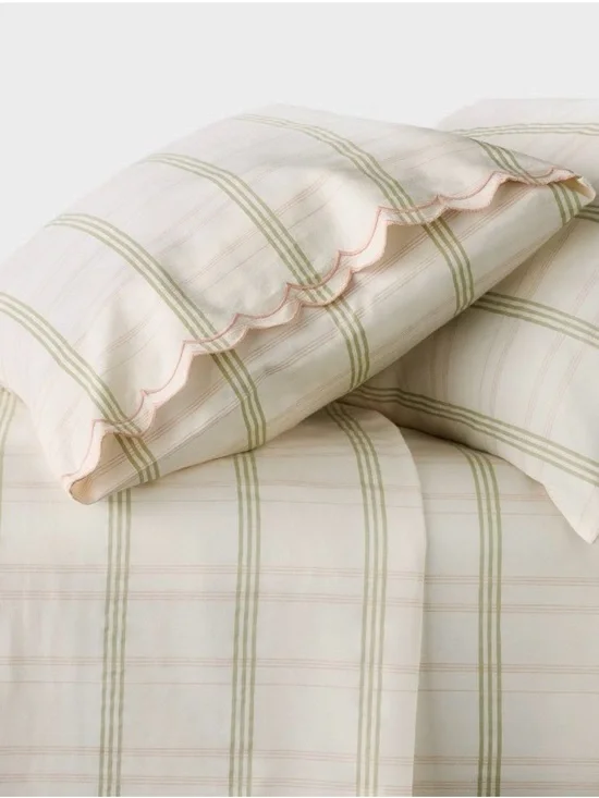Studio Mcgee Threshold Full Size Scalloped Edge Plaid Sheet Cream/Green NWT