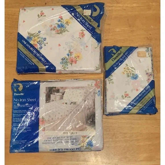 Vintage Danville Sheet Double Flat Fitted Pillow Cases Floral Bed‎ NOS Set B9