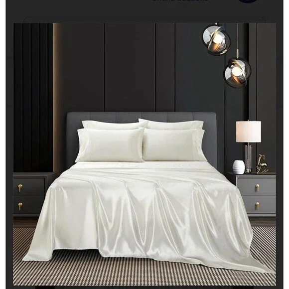 AiMay 6 Piece Satin Bedding Sheet Set Queen Off White Deep Pocket