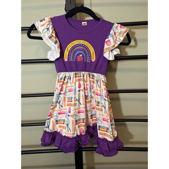 School Dress‎ First Day Of School Colorful Ruffles With School Supplies Size 3T
