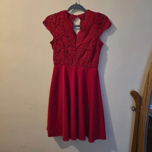 Rare Editions Girls Red Lace Scuba Crepe Fit Flare Party Dress Size 16 F499552