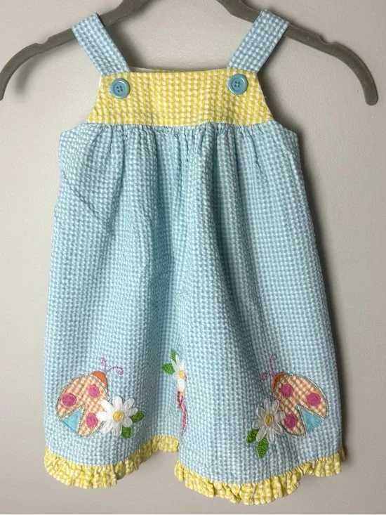 Good Lad Dress Size 24M Seersucker Sundress Ladybugs Gingham Plaid Cotton Blend