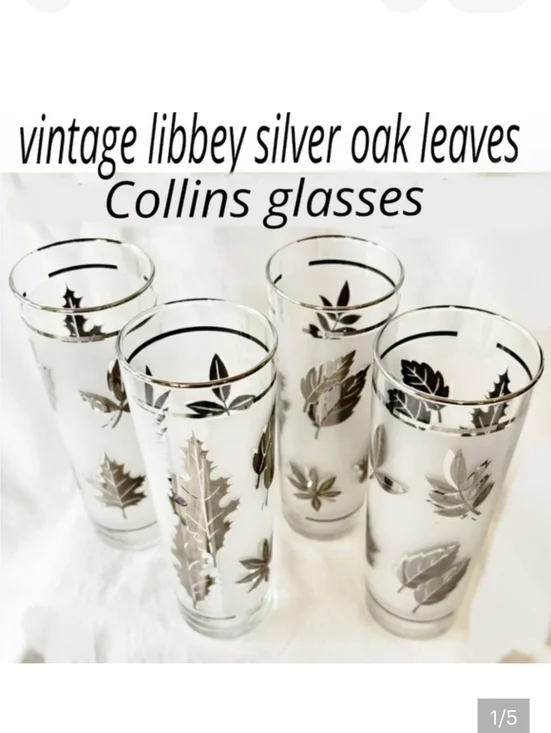 4 Vintage Libbey Metalli Silver Oak Leaves Frosted Collins Glasses 7
