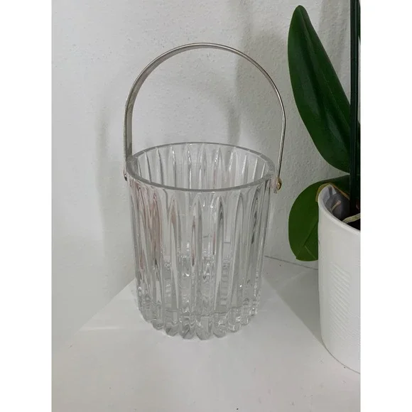 Vintage‎ Ribbed Crystal Glass Ice Bucket with Silver Swing Handle Clear Fluted