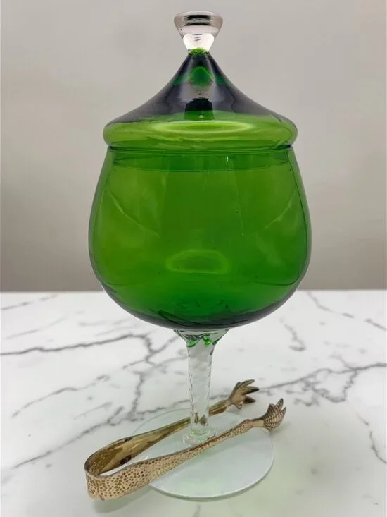 VTG Empoli Italian Green Glass Ice Jar with Lid Apothecary Candy Dish W/Tongs