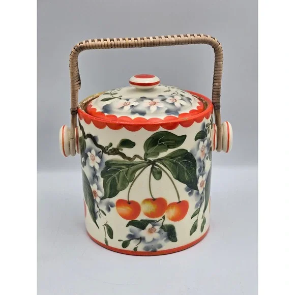 Erphila  Cherry Ceramic Ice Bucket‎ Large Multicolor Fair Vintage Rattan