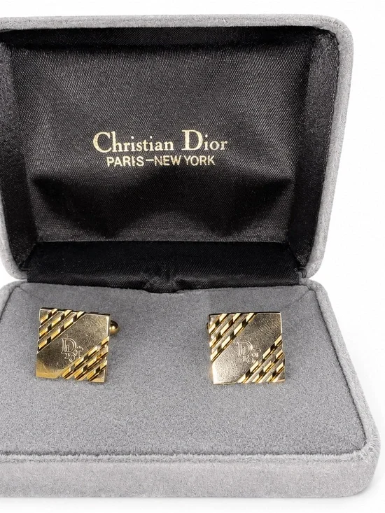 Dior Gold-Tone Square Cuff Links with Diagonal Stripes