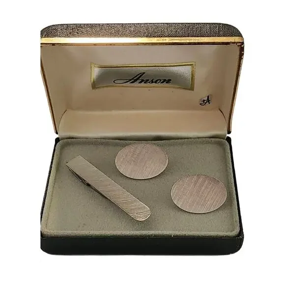 Vintage Anson Brushed Silver Cuff Links and Tie Clip, NEW OLD STOCK
