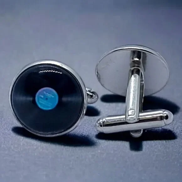 Formal Cufflinks Hip Hop Vinyl 45 Record Blue Black Silver DJ Tuxedo Prom Party