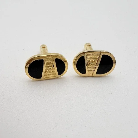 Gold Tone Oval Cufflinks Mens Black Enamel Velvet Tuxedo Stud Lot Wedding‎