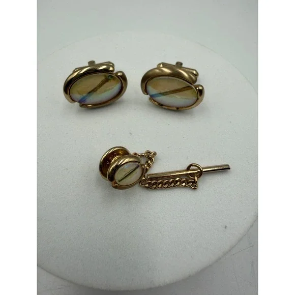 Vintage Hickok Gold Tone Iridescent Inlay Cufflink and Tie Tack Set Mid Century