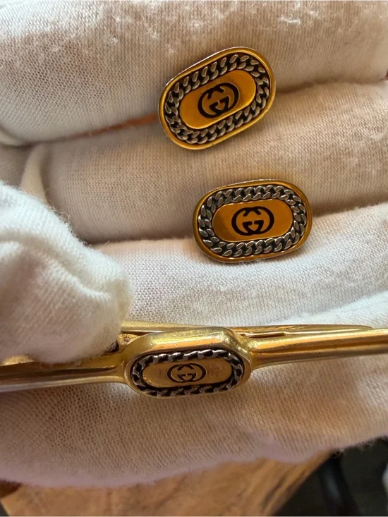 Vintage Gucci Gold and Black Interlocking Double G Oval Cufflinks w tie pin