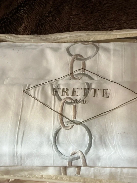 NEW FRETTE QUEEN SHEET SET LINKS EMBROIDERY celadon green and savage beigeladon