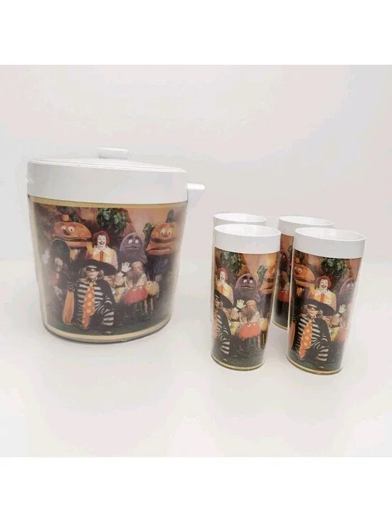 Vintage 1974 McDonalds Thermo Serv Ice Bucket with 4 Cups Nice Condition