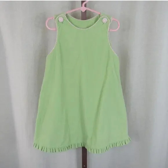 Lydia's Child Size 4 Green Corduroy Tank Overall Dress Pink Details Ruffles VTG