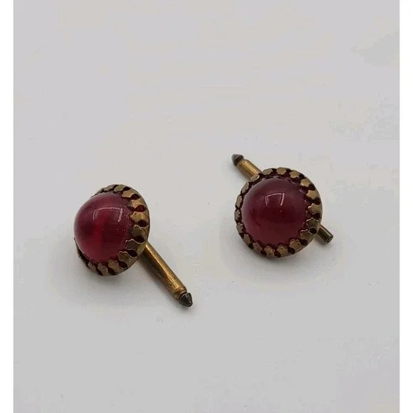 Vtg Red Glass Cufflinks,‎ Domed Cabochon, Torpedo Toggle, Victorian Brass