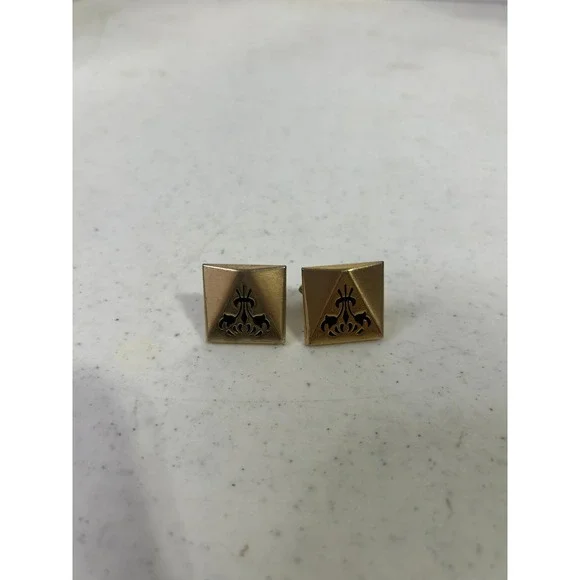 Vintage Gold Tone Square Pyramid Fleur De Lis Cufflinks‎ Mid Century Modern Mens