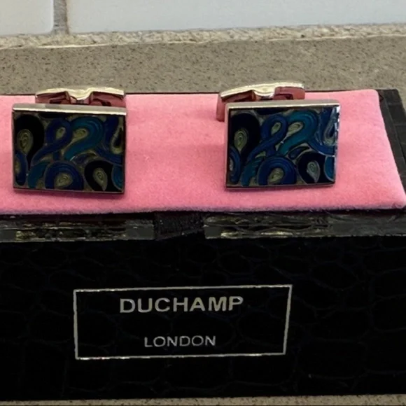 Men's Duchamp London Silver Paisley Blue & Purple Cufflinks -EUC