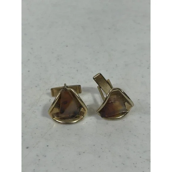 Vintage Gold Tone Tiger's‎ Eye Sculptural Wavy Triangle Cufflinks PAT 2974381