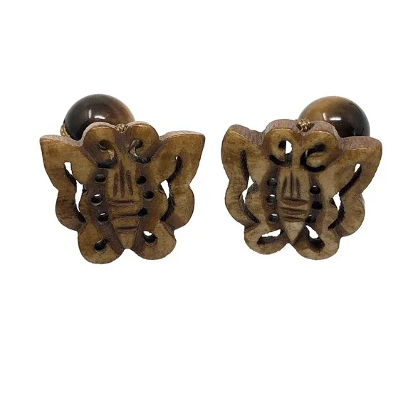 Shings Butterfly Wooden Cufflinks Unisex Brown Beaded Backs Career Wedding Boho
