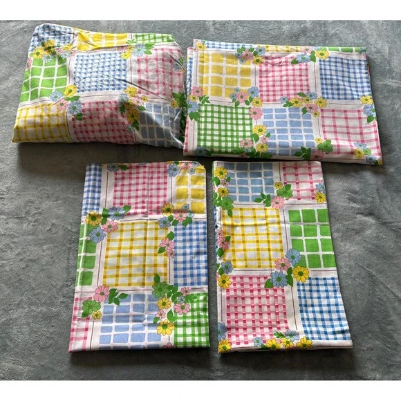 Vintage Cannon 70s Daisy TWIN‎ SIZE Sheet Set Gingham Square Monticello Muslin