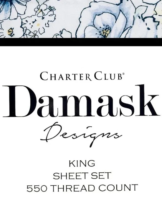 new Outlined Floral Cornflower Charter Club Solid 550 TC Cotton KING Sheet Set