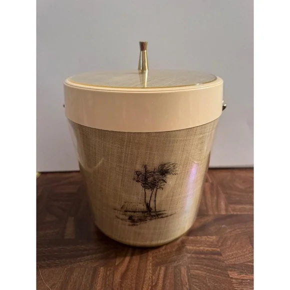 Vintage MCM Tiki Ice Bucket Palm Tree Faux Raffia Made in USA