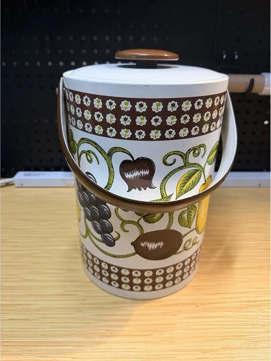Georges Briard Vintage Retro MCM Ice Bucket Tan Brown Vinyl Floral & Fruit 11” *