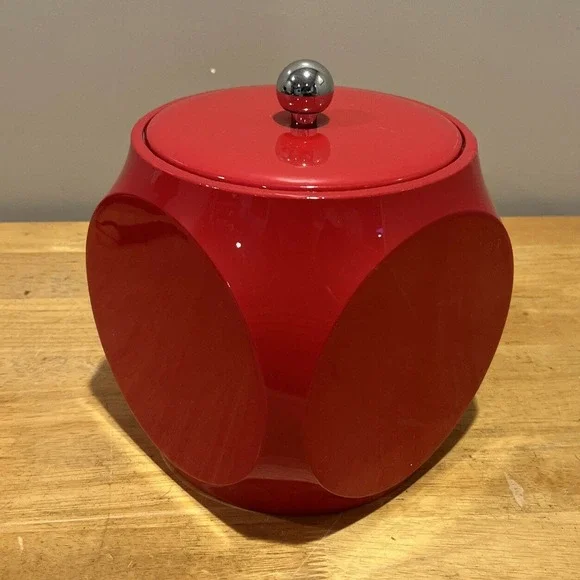 Vintage MCM Red Cube Vinyl‎ Ice Bucket Barware Circles