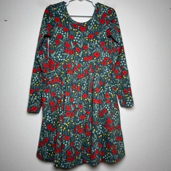 Hanna Andersson Girls Cotton Dress Size 6-7 Green Red Floral Christmas Holiday