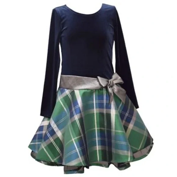 Bonnie Jean Big Girls Long Sleeve Velvet Bodice with Plaid Skirt Dress‎ - Navy